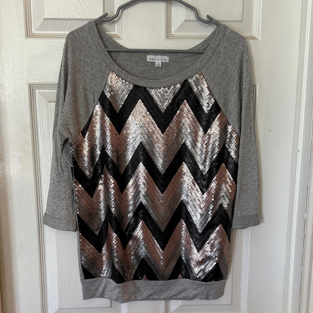 Socialite Gray Chevron Sequin Sweatshirt